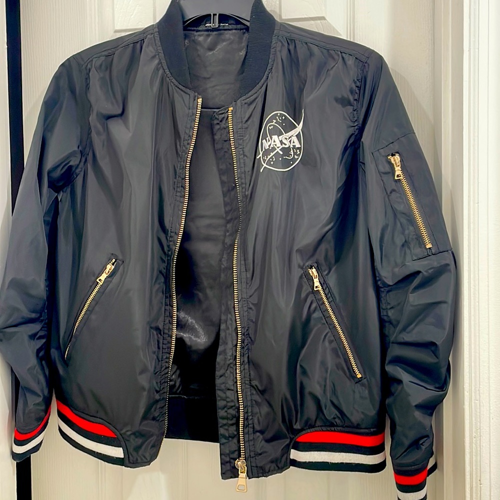 NASA zip up varsity jacket size small front patch on left side and back patch